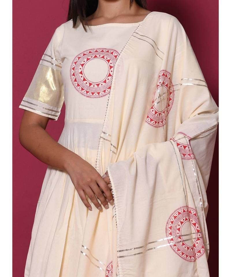 Beige block print cotton kurta sets