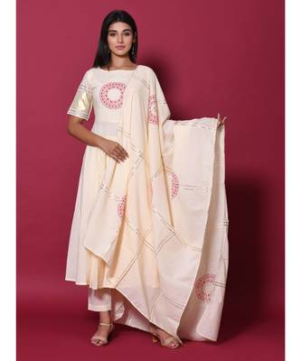 Beige block print cotton kurta sets 5