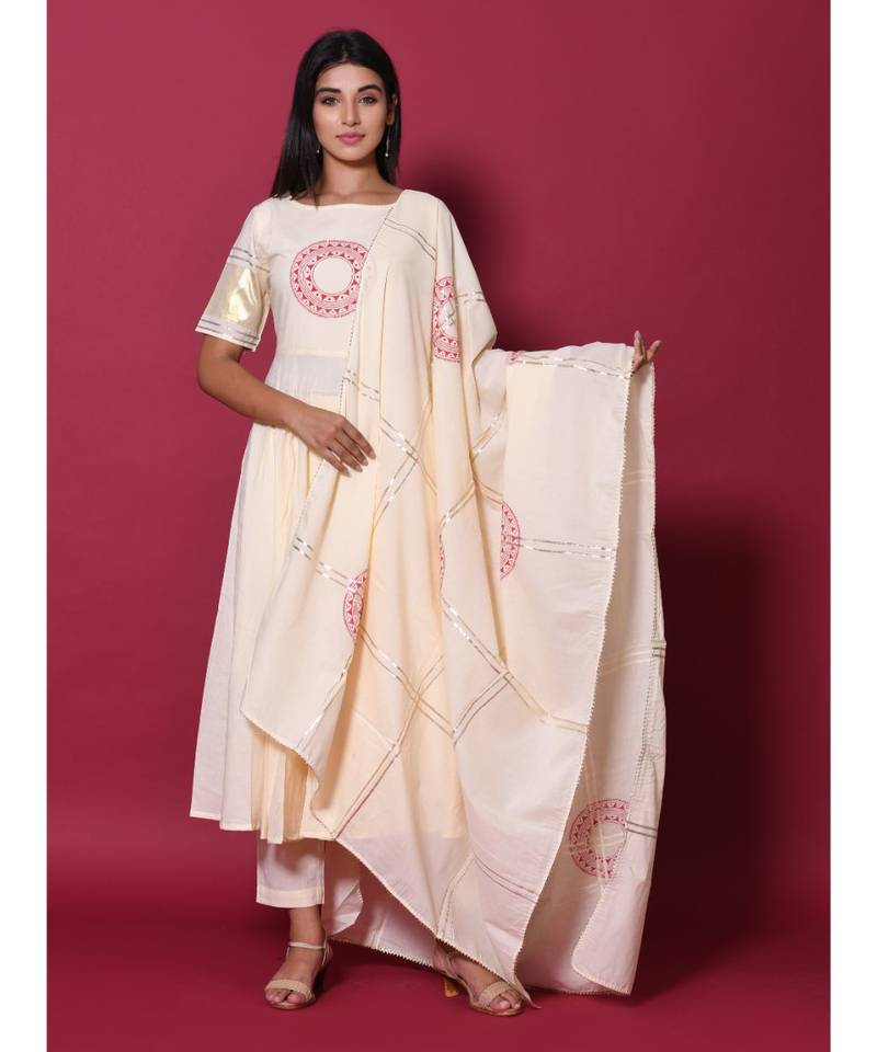 Beige block print cotton kurta sets