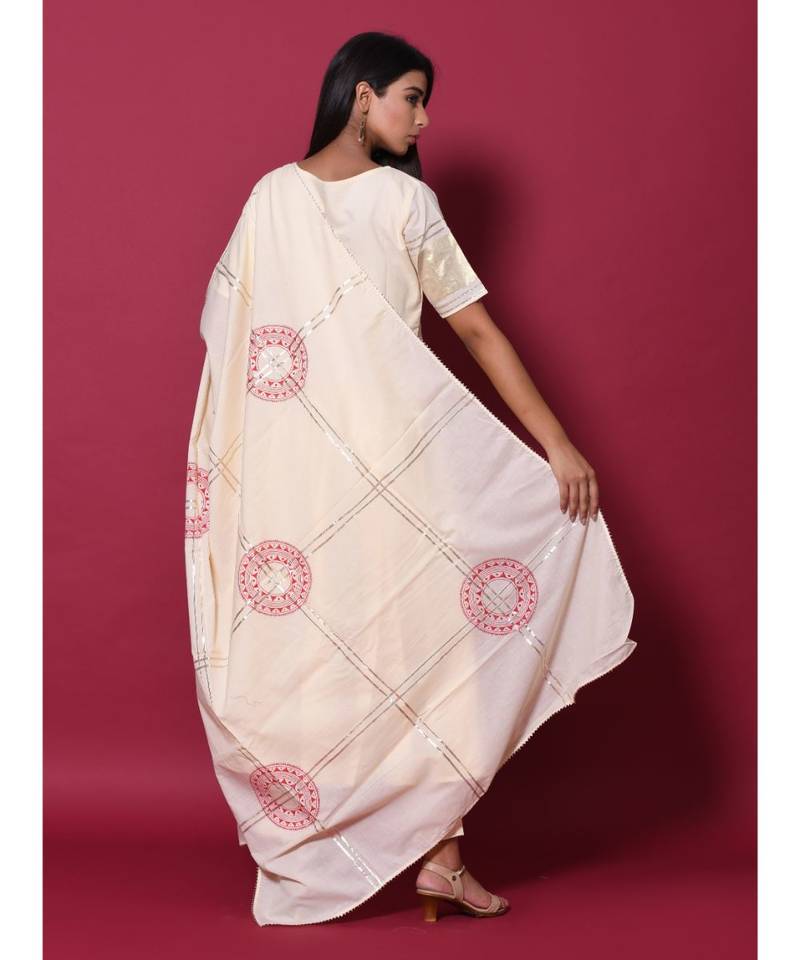 Beige block print cotton kurta sets