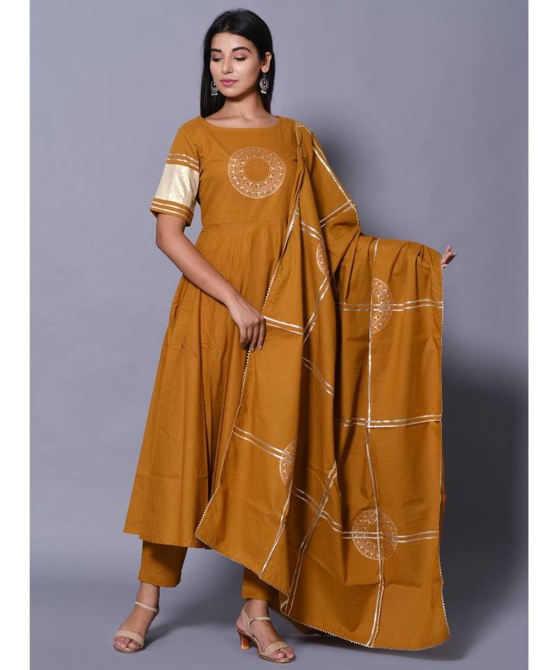 yellow block print cotton kurta sets