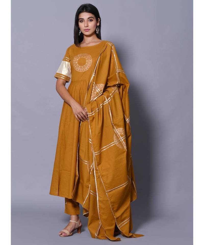 yellow block print cotton kurta sets