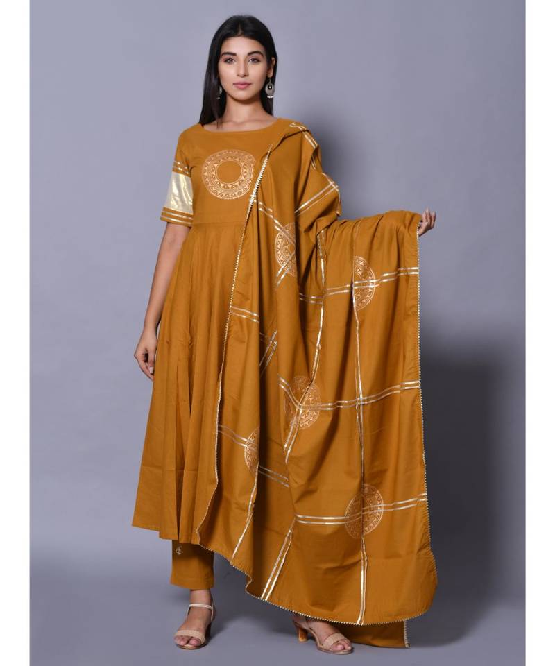 yellow block print cotton kurta sets