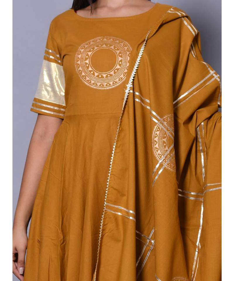 yellow block print cotton kurta sets