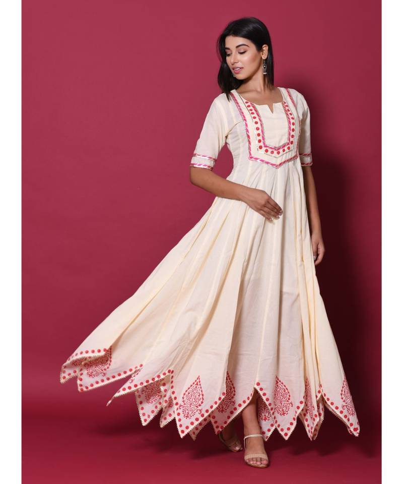 Beige block print cotton kurtis