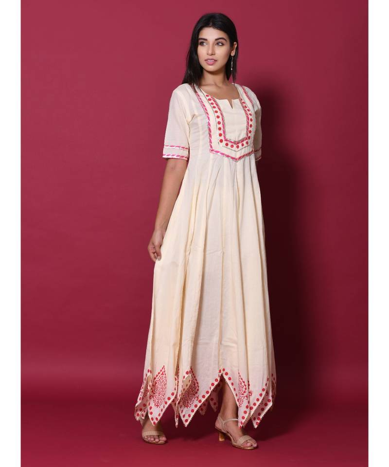 Beige block print cotton kurtis