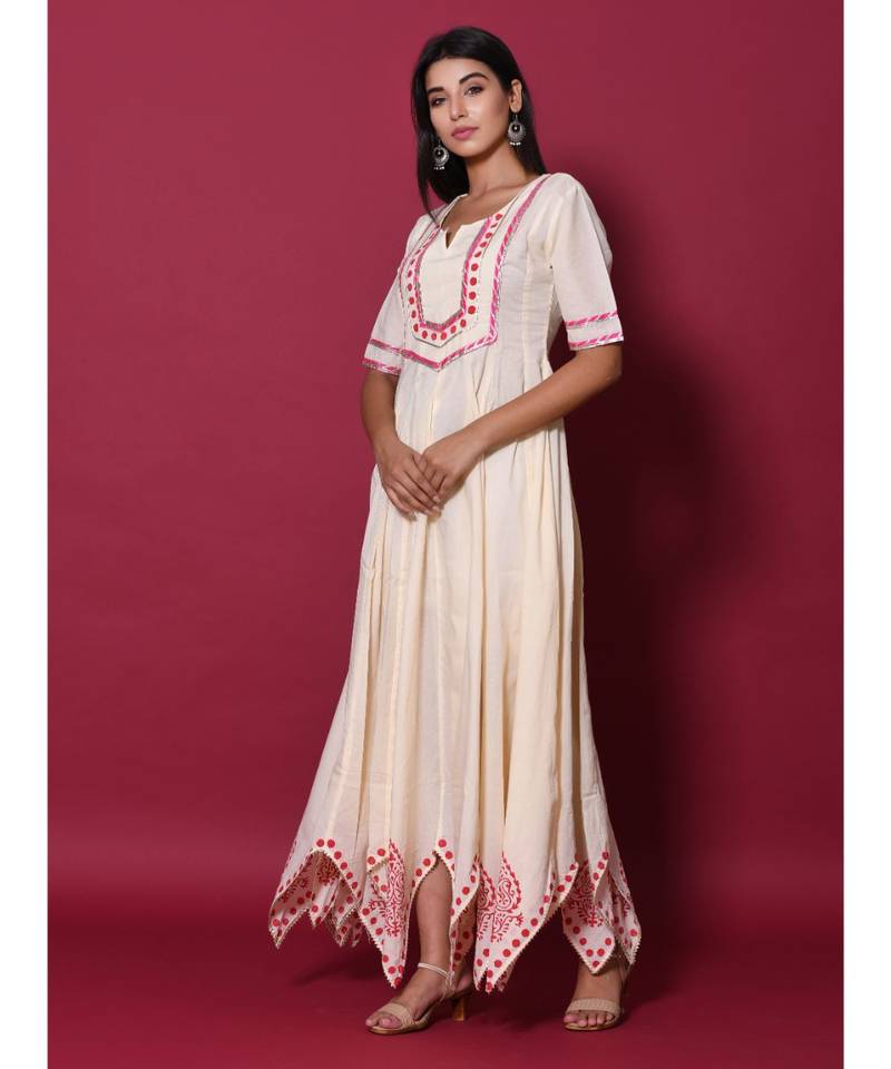 Beige block print cotton kurtis