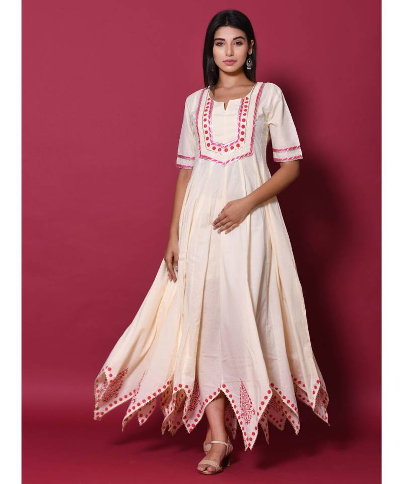 Beige block print cotton kurtis