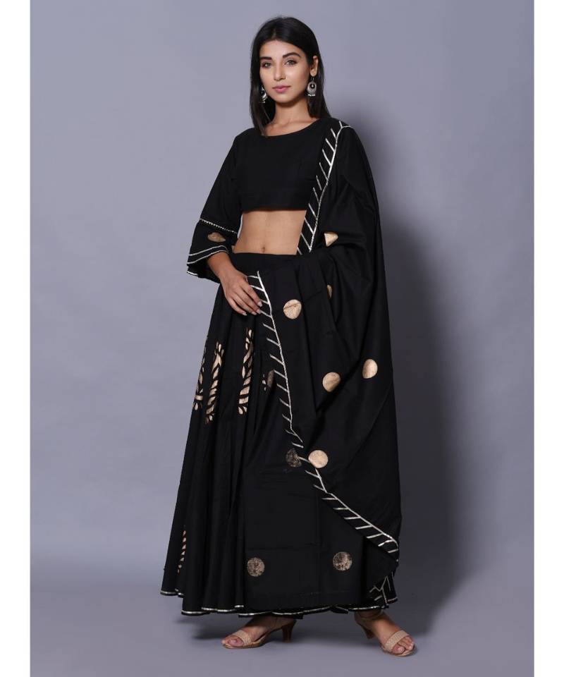 Black printed cotton readymade lehenga cholis