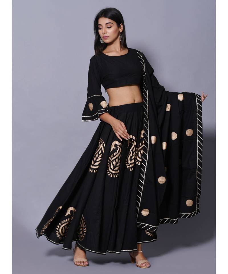 Black printed cotton readymade lehenga cholis