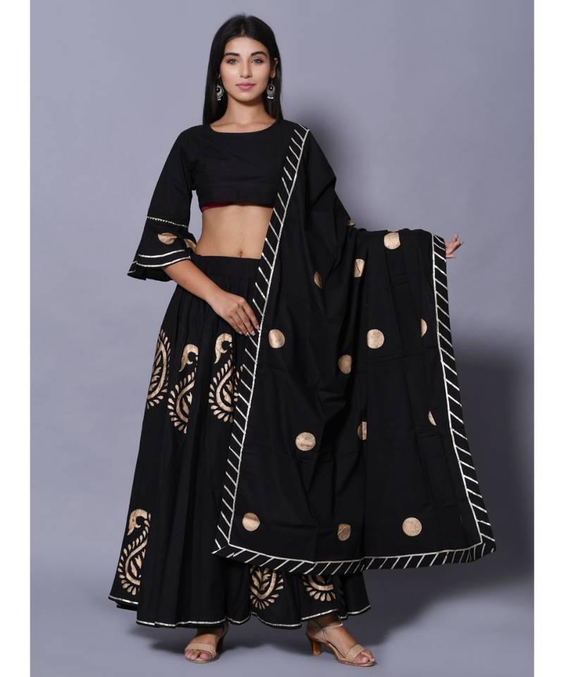 Black printed cotton readymade lehenga cholis