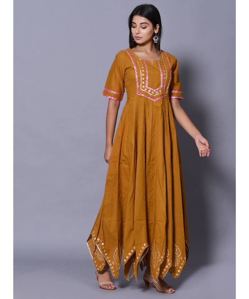 yellow block print cotton kurtis