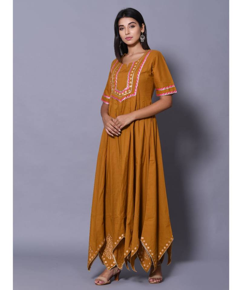 yellow block print cotton kurtis