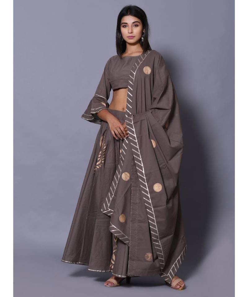 Grey printed cotton readymade lehenga cholis