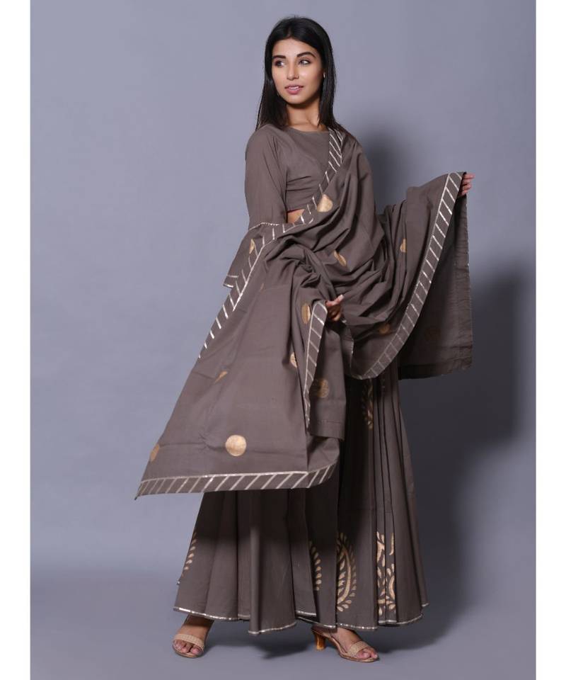 Grey printed cotton readymade lehenga cholis