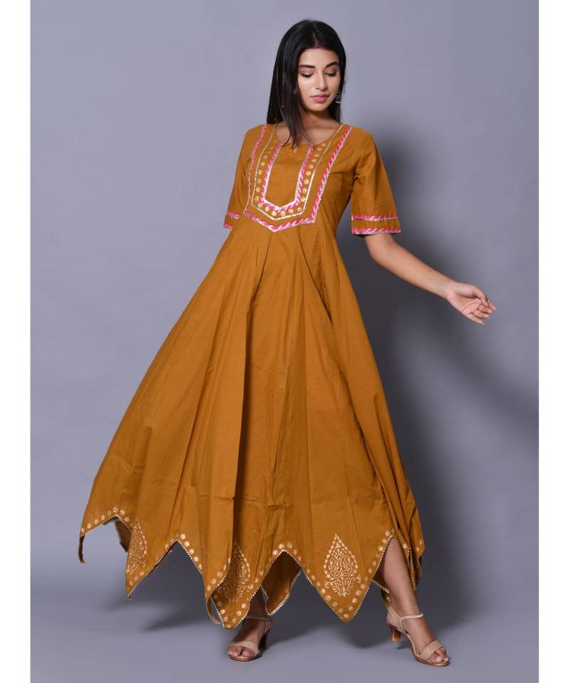 yellow block print cotton kurtis