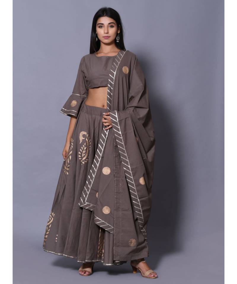 Grey printed cotton readymade lehenga cholis