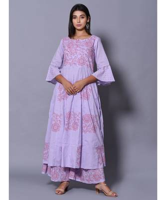 Purple block print cotton kurta sets 1