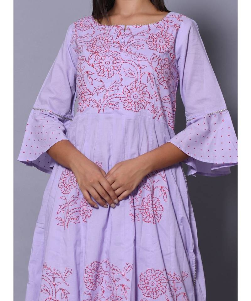 Purple block print cotton kurta sets