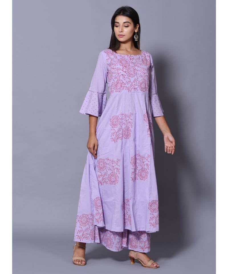 Purple block print cotton kurta sets