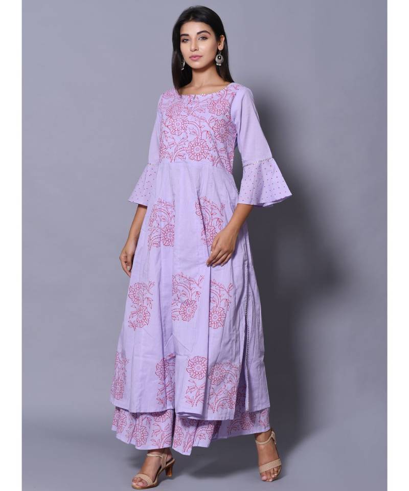Purple block print cotton kurta sets