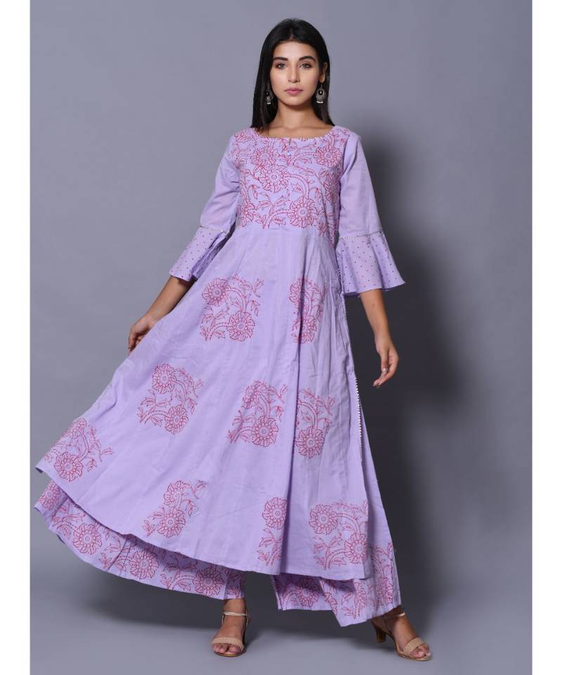 Purple block print cotton kurta sets