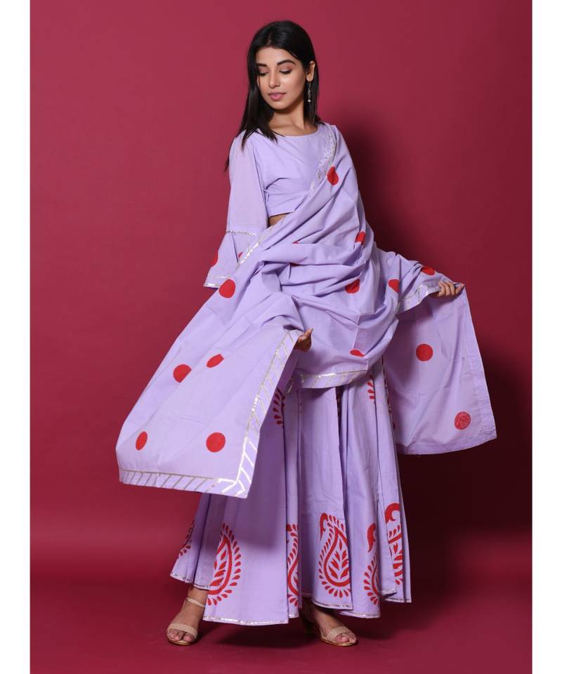 Purple printed cotton readymade lehenga cholis