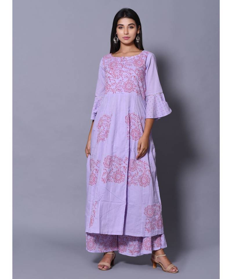 Purple block print cotton kurta sets