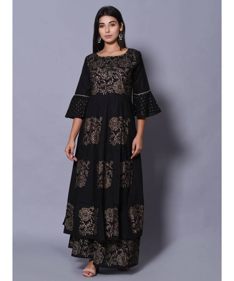 Black block print cotton kurta sets