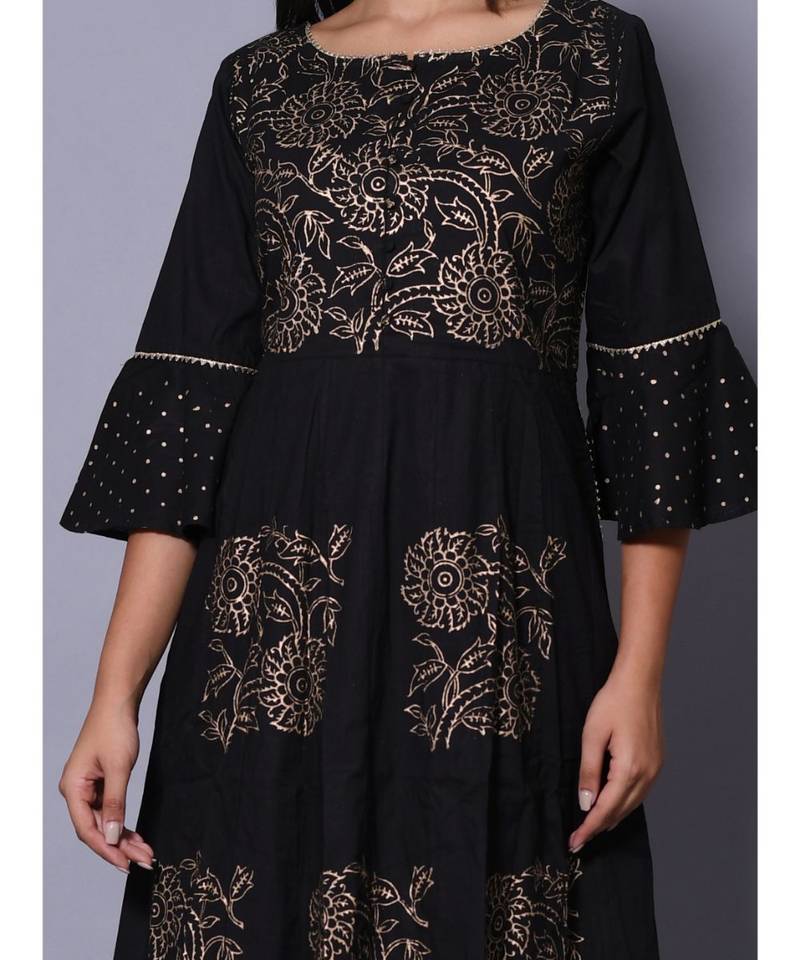 Black block print cotton kurta sets