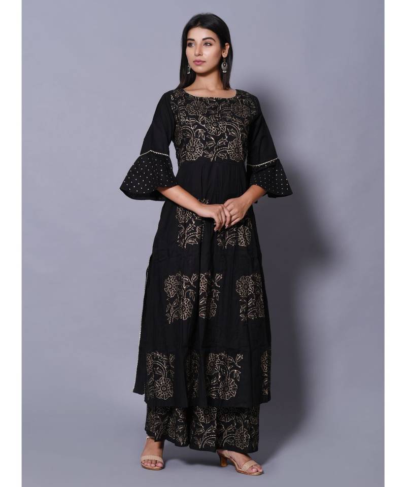 Black block print cotton kurta sets