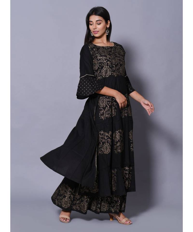 Black block print cotton kurta sets