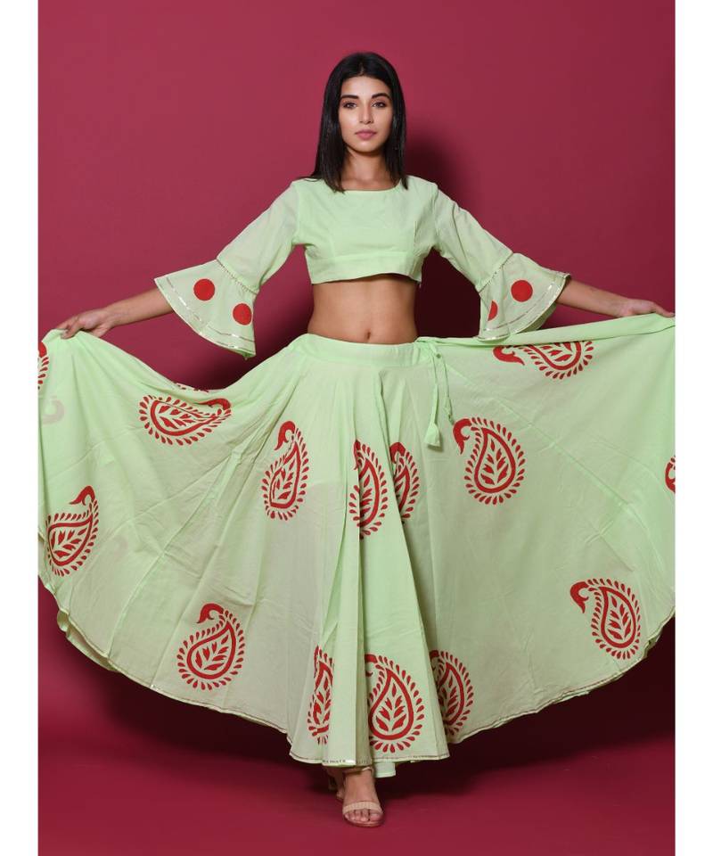 green printed cotton readymade lehenga cholis