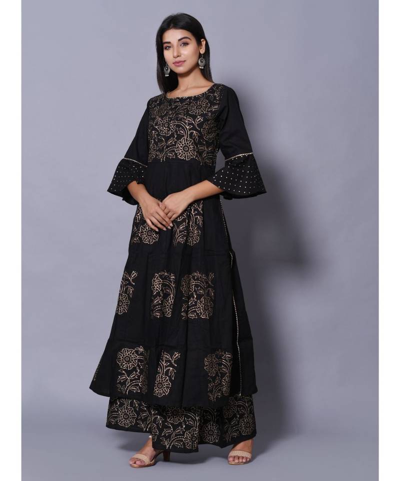 Black block print cotton kurta sets