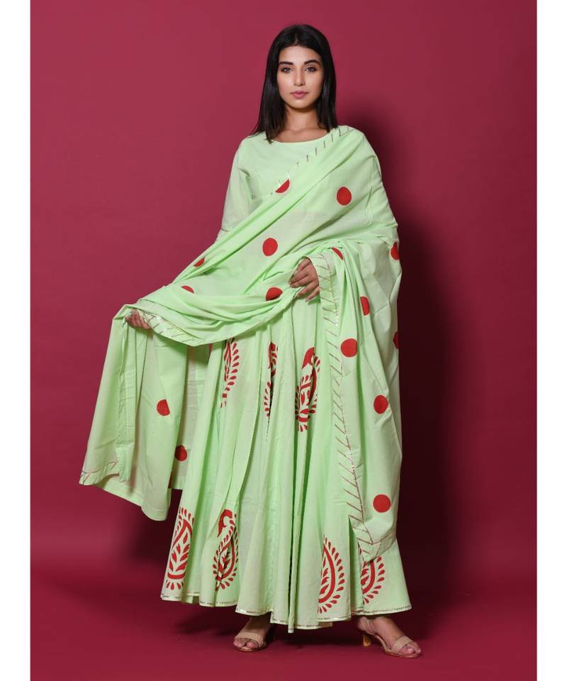 green printed cotton readymade lehenga cholis