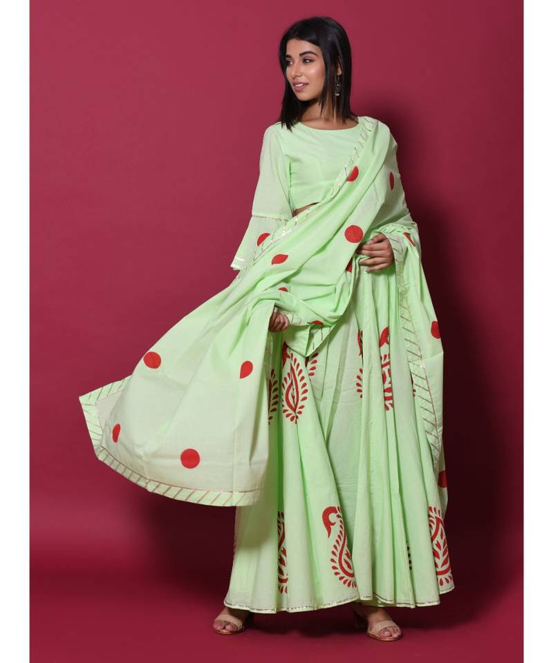 green printed cotton readymade lehenga cholis