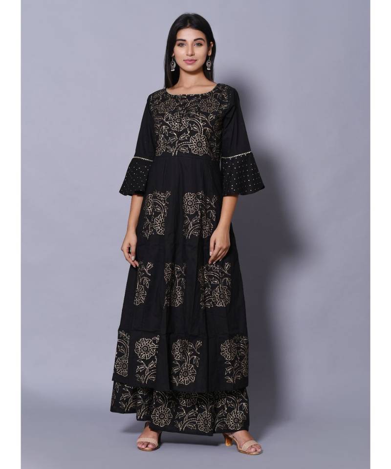 Black block print cotton kurta sets