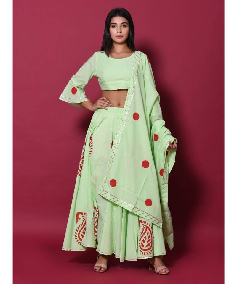 green printed cotton readymade lehenga cholis