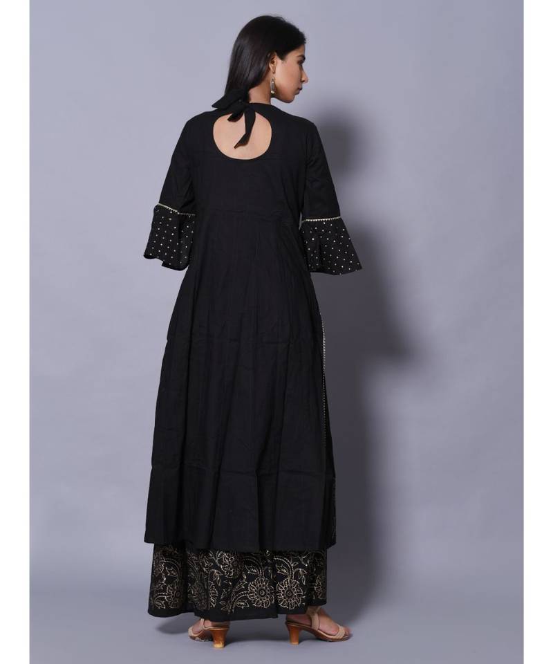 Black block print cotton kurta sets
