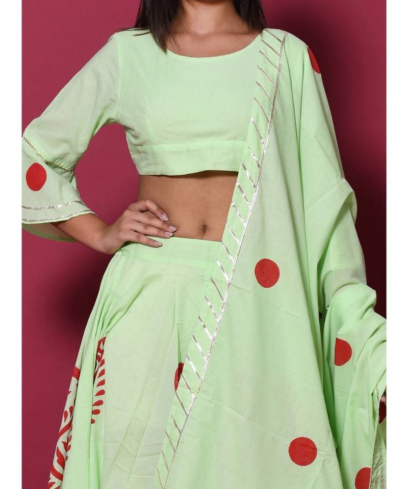 green printed cotton readymade lehenga cholis