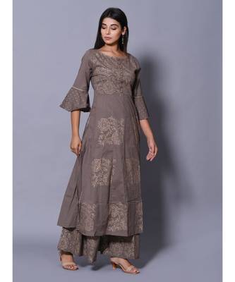 Grey block print cotton kurta sets 1