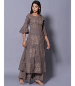 Grey block print cotton kurta sets