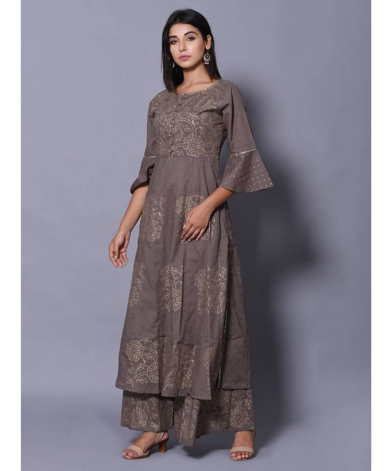 Grey block print cotton kurta sets