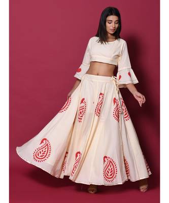 Beige printed cotton readymade lehenga cholis 1