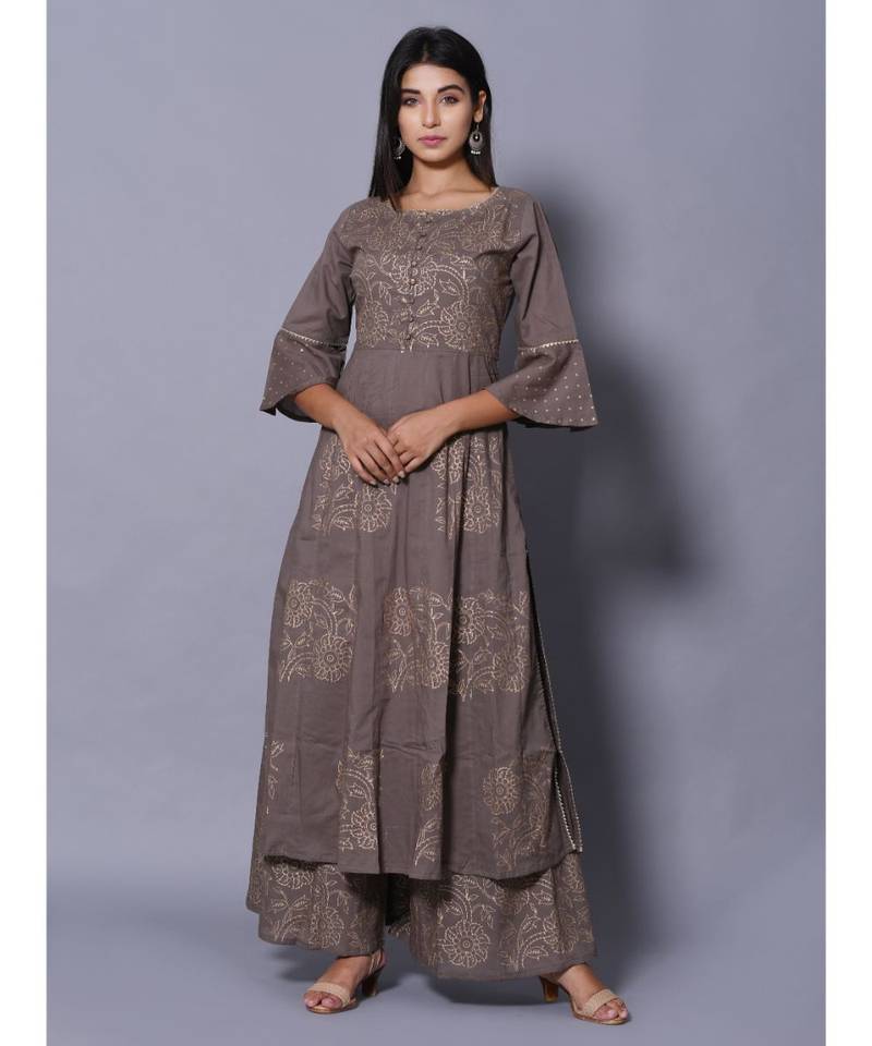 Grey block print cotton kurta sets