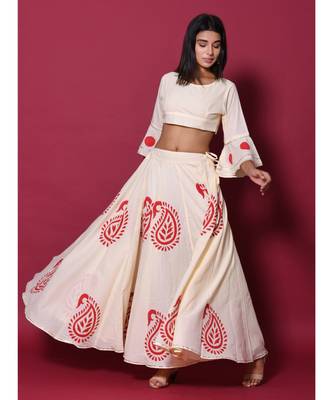Beige printed cotton readymade lehenga cholis 2