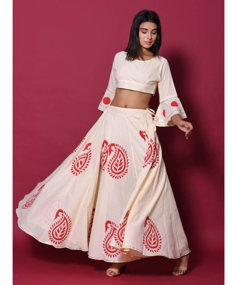 Beige printed cotton readymade lehenga cholis