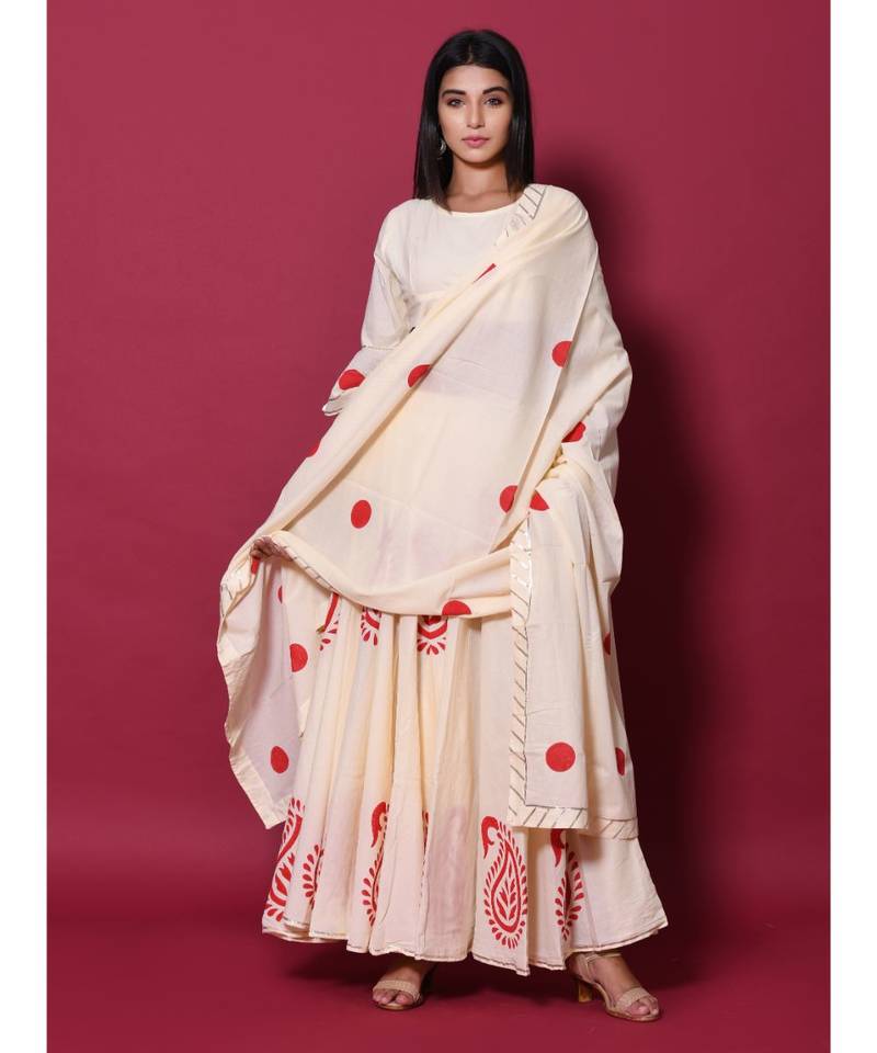 Beige printed cotton readymade lehenga cholis