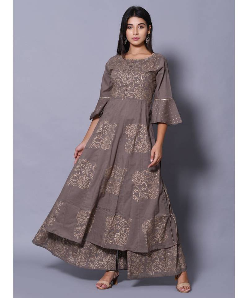 Grey block print cotton kurta sets