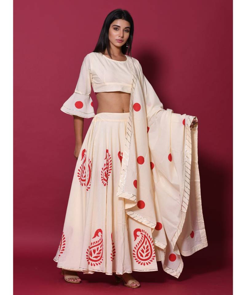 Beige printed cotton readymade lehenga cholis